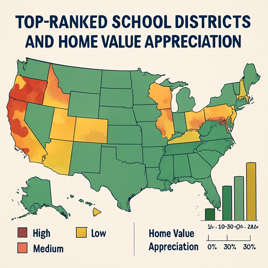 Color-coded US map showing concentration of top-ranked school districts with overlay of home value appreciation rates US school district rankings and corresponding home value premiums