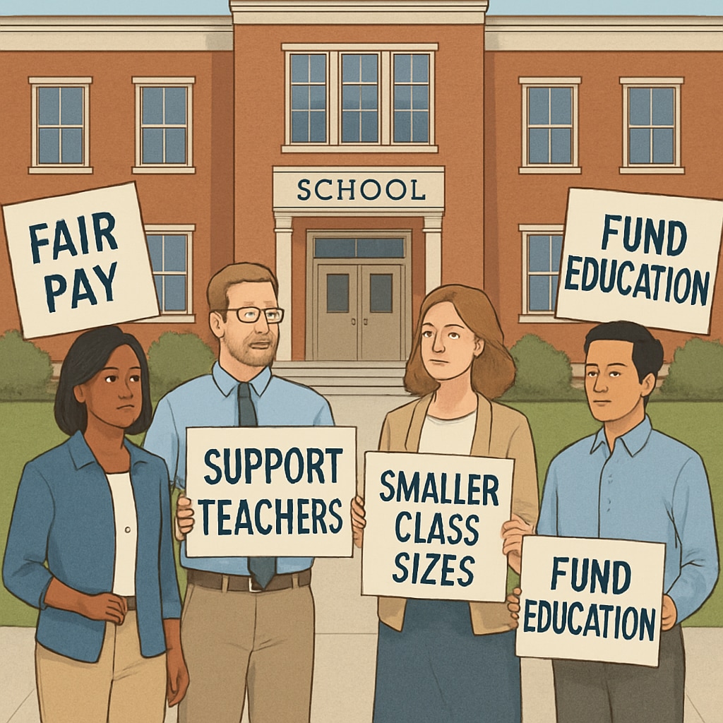 Diverse group of teachers holding professional protest signs outside school during non-instructional hours Educators participating in Teacherless Tuesday collective action