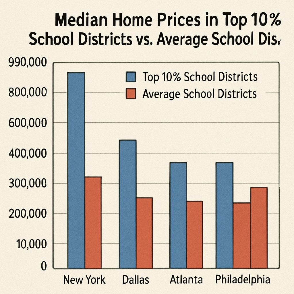 Bar chart comparing median home prices in top 10% vs. average school districts across 5 major metro areas Home price comparison by school district quality