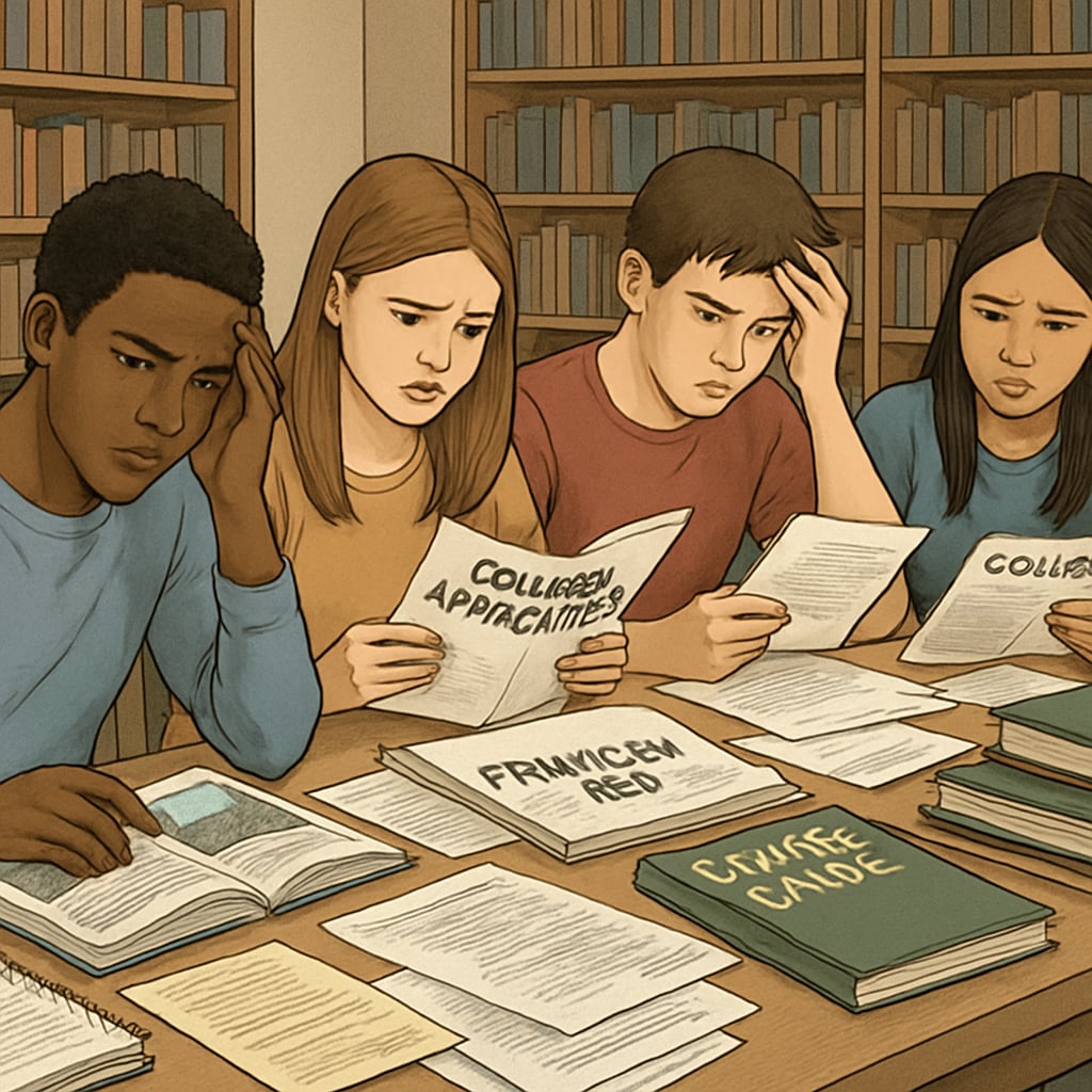 A diverse group of high school freshmen looking stressed while sorting through college materials at a library table College application challenges for freshmen