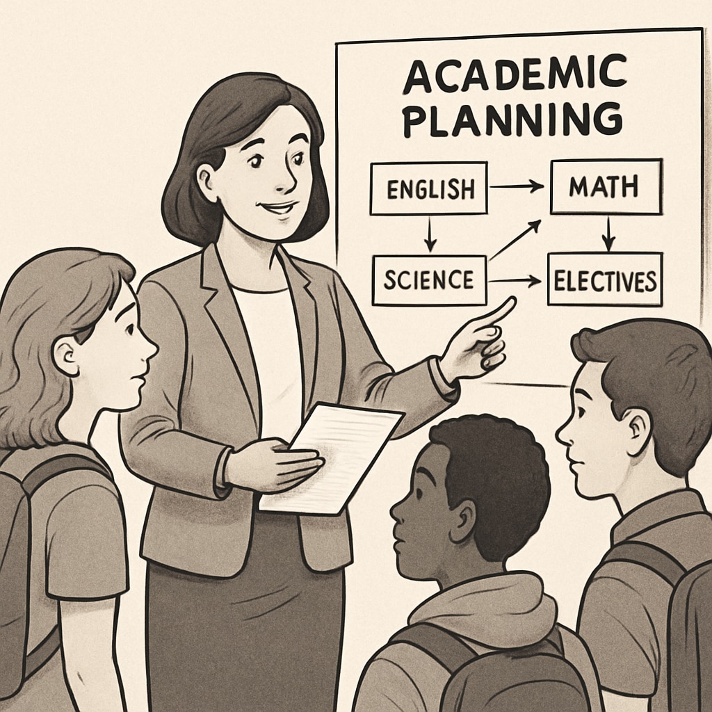 A guidance counselor pointing to a academic planning chart with three attentive students College preparation strategy session