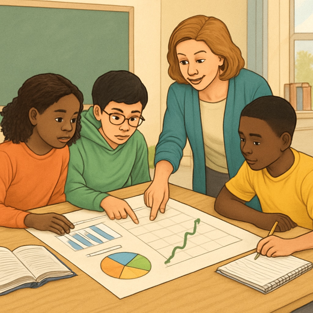 Students learning business analysis and financial skills in classroom