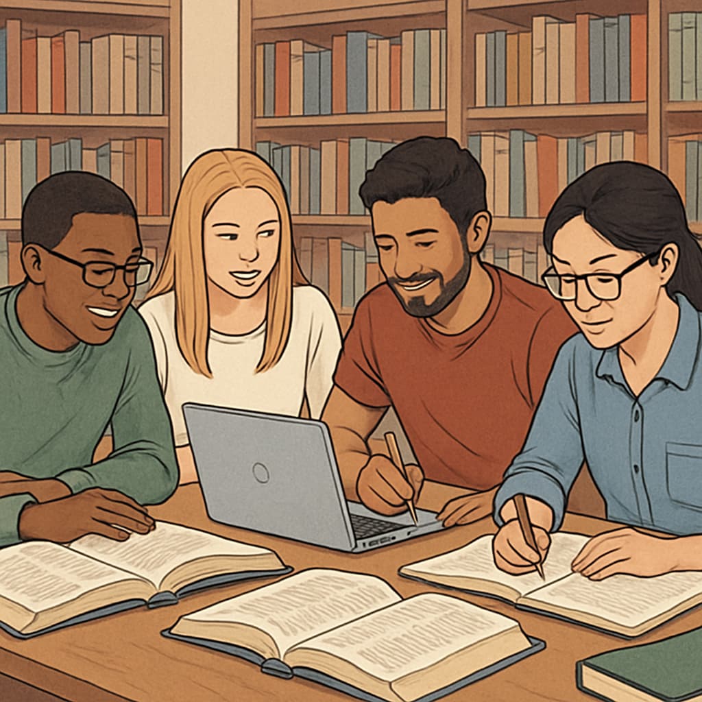 Diverse group of university students studying together in a library setting Immigrant students at Oxford University facing international fee challenges