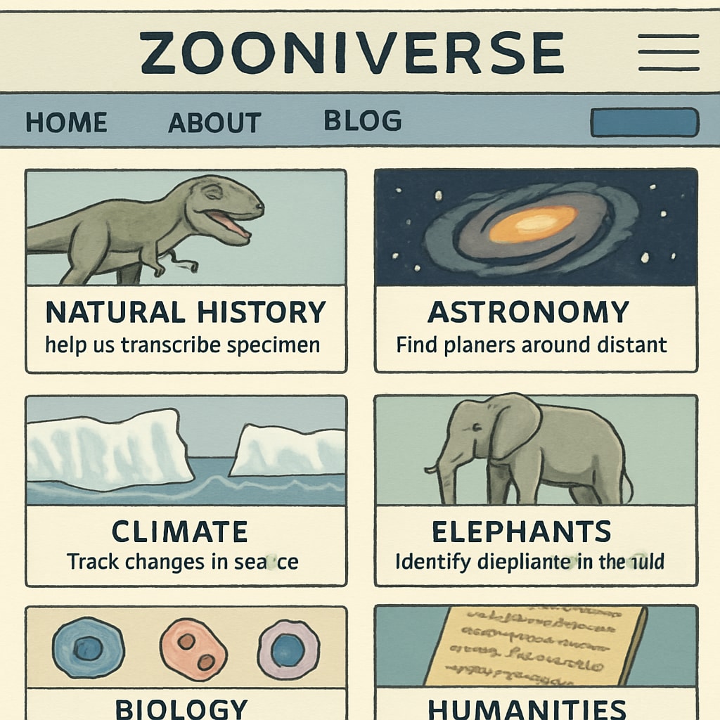 Zooniverse platform interface with various citizen science projects