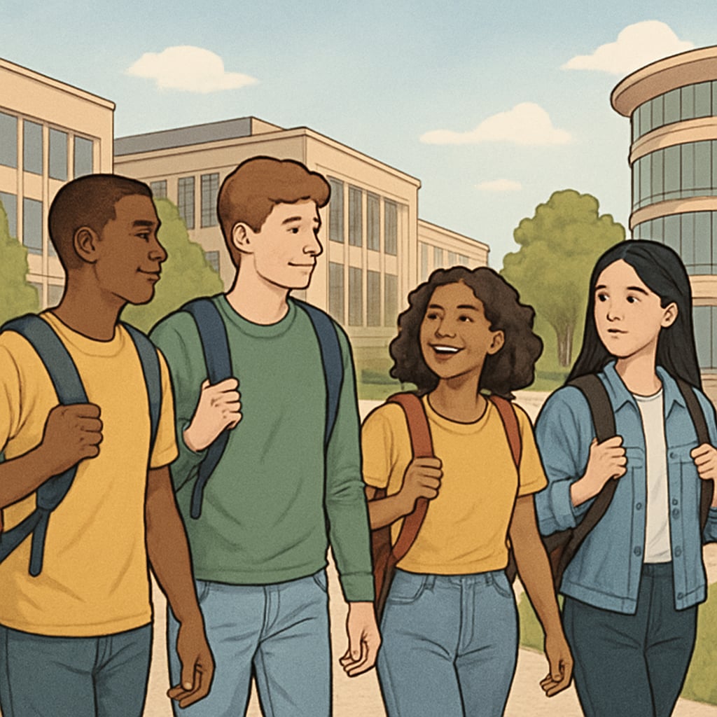 AS Level students walking through affordable university campus