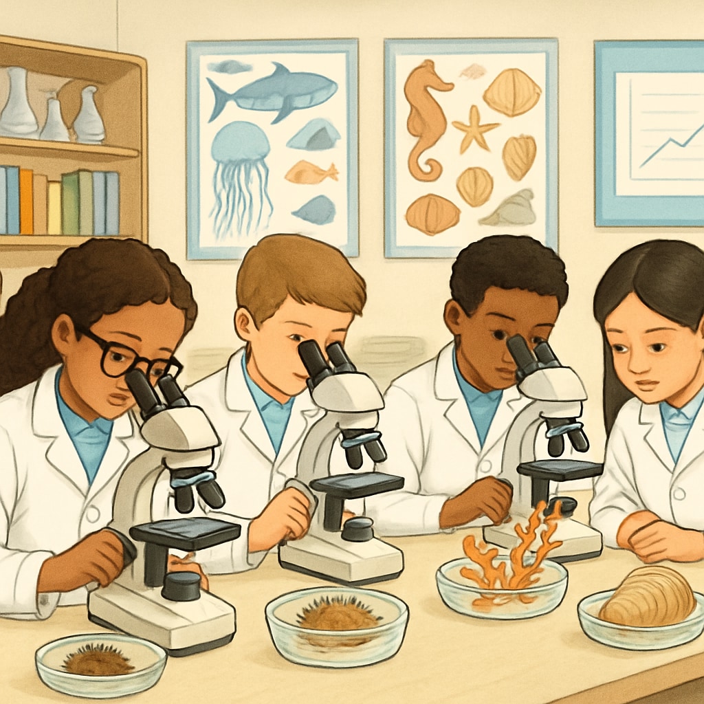 Diverse group of middle school students wearing lab coats examining marine specimens under microscopes in a bright classroom Students learning marine biology through hands-on activities