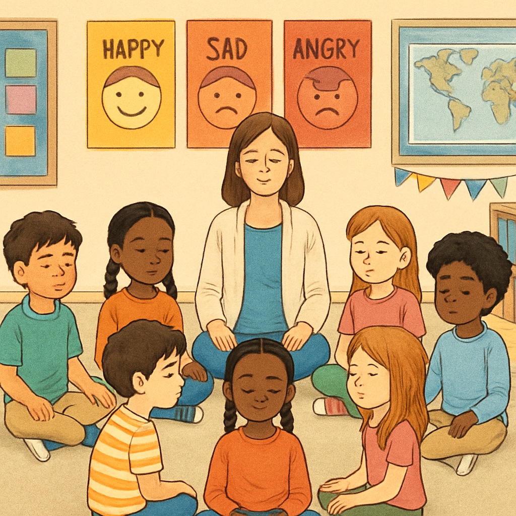 Diverse group of elementary students sitting in a circle with eyes closed, practicing guided breathing exercises led by their teacher. Classroom has posters illustrating emotions. Emotional education activities for child development and emotional regulation