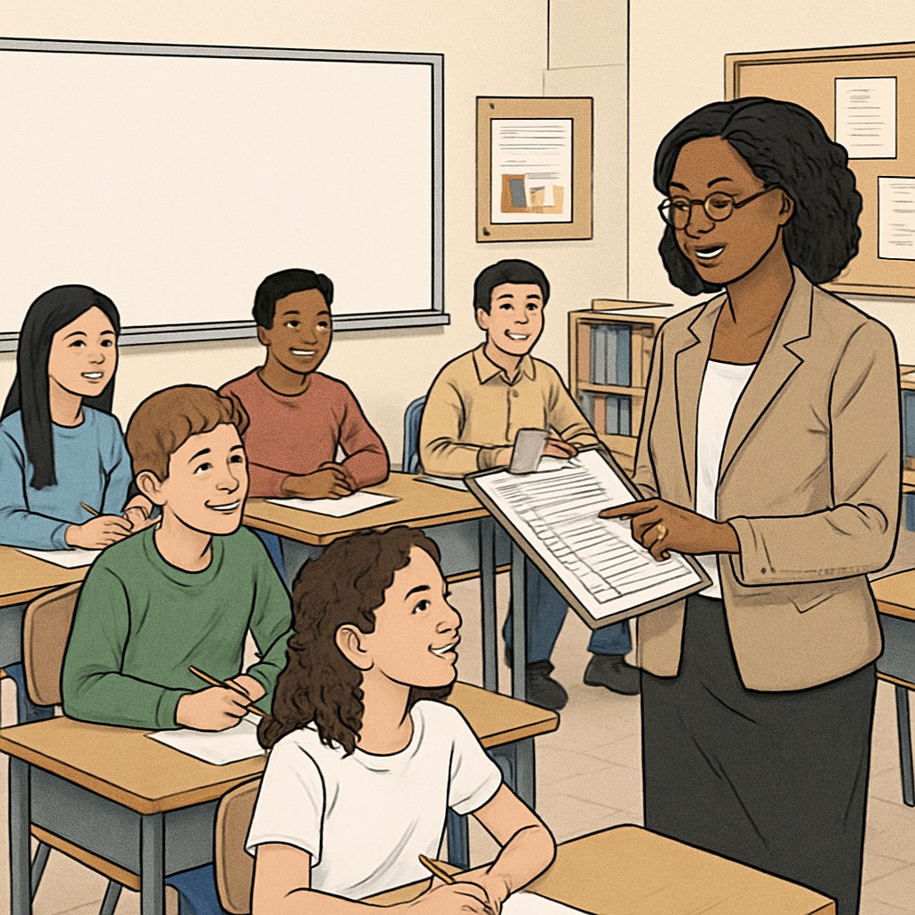 Diverse group of high school students in classroom setting with teacher checking attendance sheet Classroom attendance tracking under school attendance policies