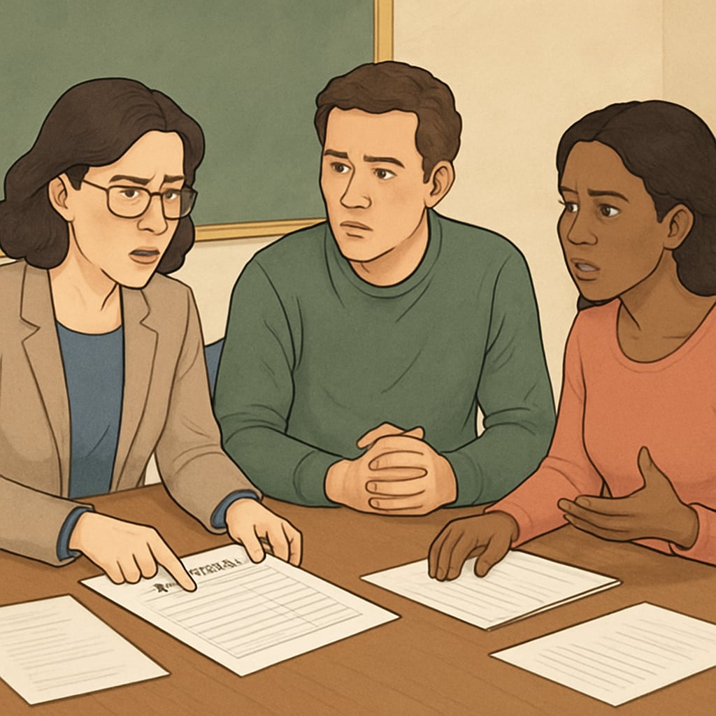 A school administrator and two parents reviewing attendance documents at a conference table, showing expressions of concern and discussion School absence policies discussion between administrators and parents