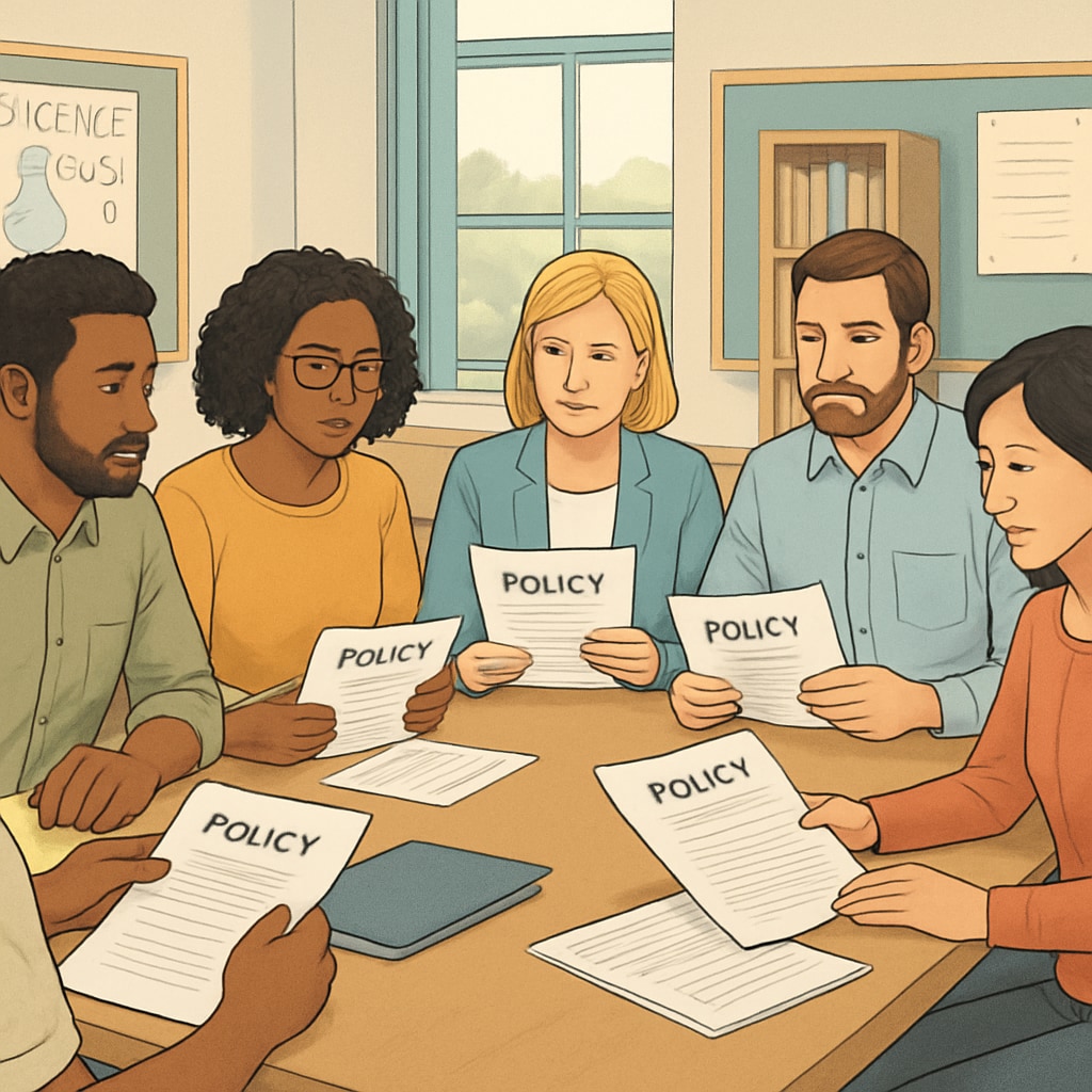 Multicultural group of parents and educators gathered around a table in a school meeting room, reviewing policy documents together Diverse parents and school officials discussing attendance policies