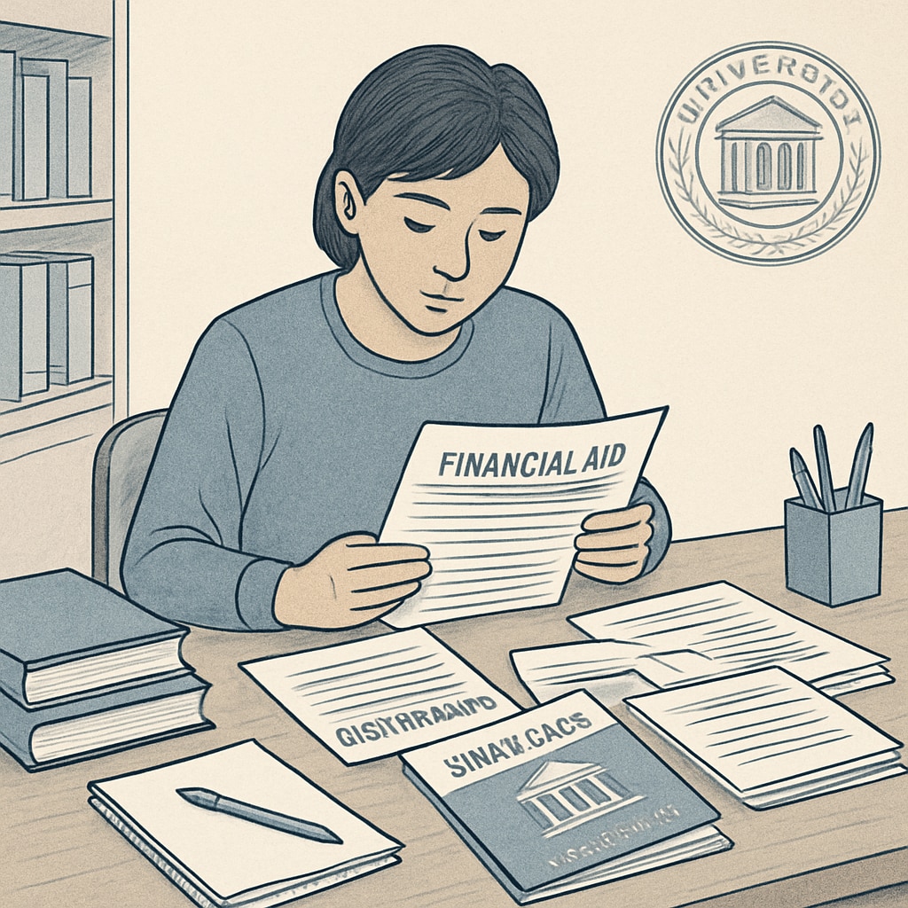 Student carefully reviewing financial aid paperwork and university information materials Budget planning for AS-level university applicants