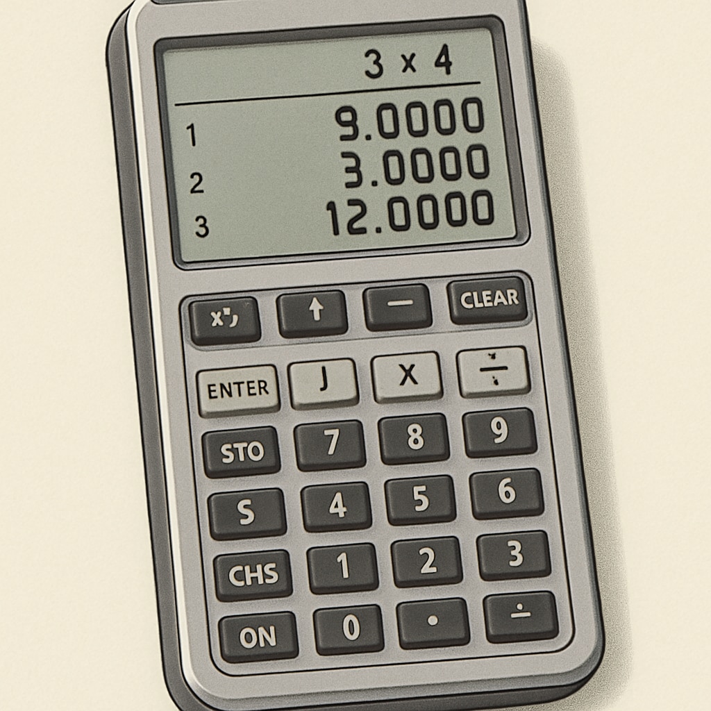 A sleek silver RPN calculator with four-line display showing a sample calculation in progress, demonstrating the stack-based approach RPN calculator displaying mathematical operations in reverse Polish notation