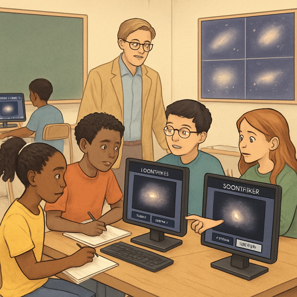 Diverse group of middle school students engaged in classifying galaxy images on Zooniverse platform during science class Students participating in Zooniverse citizen science projects
