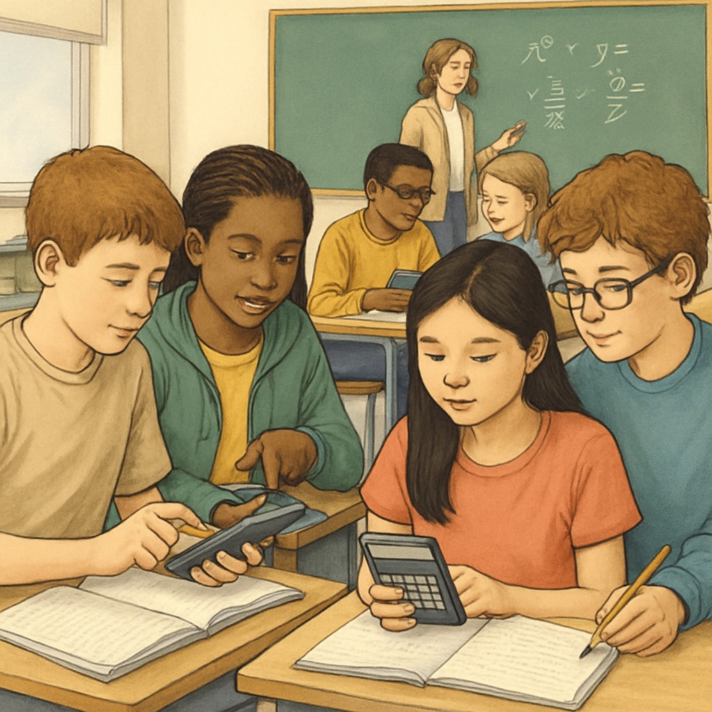 Diverse group of middle school students working in pairs with calculators during math class, some using RPN models Students learning mathematics with RPN calculators in classroom setting