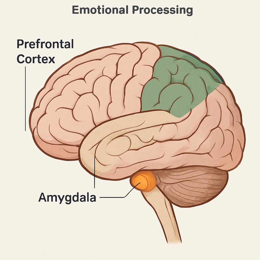 Colorful anatomical illustration showing brain regions involved in emotional processing, with clear labels for amygdala and prefrontal cortex Brain science of emotional education in child development