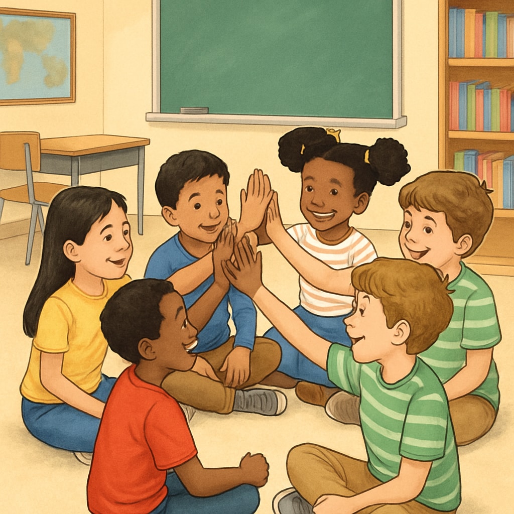 Multicultural elementary students sitting in a circle smiling and giving high-fives during a cooperative learning exercise Children practicing emotional management skills in classroom setting