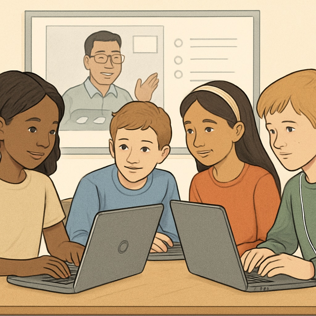 Diverse middle school students using laptops in a virtual classroom setting Khan World School dual enrollment online education experience