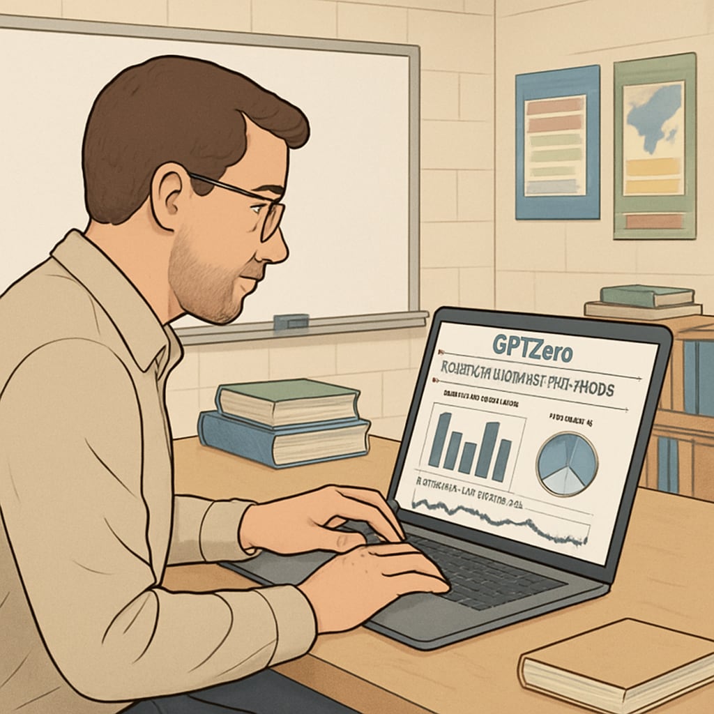 A middle school teacher analyzing student writing patterns using GPTZero's interface on a laptop, showing real-time composition metrics Teacher using GPTZero for plagiarism detection in student writing