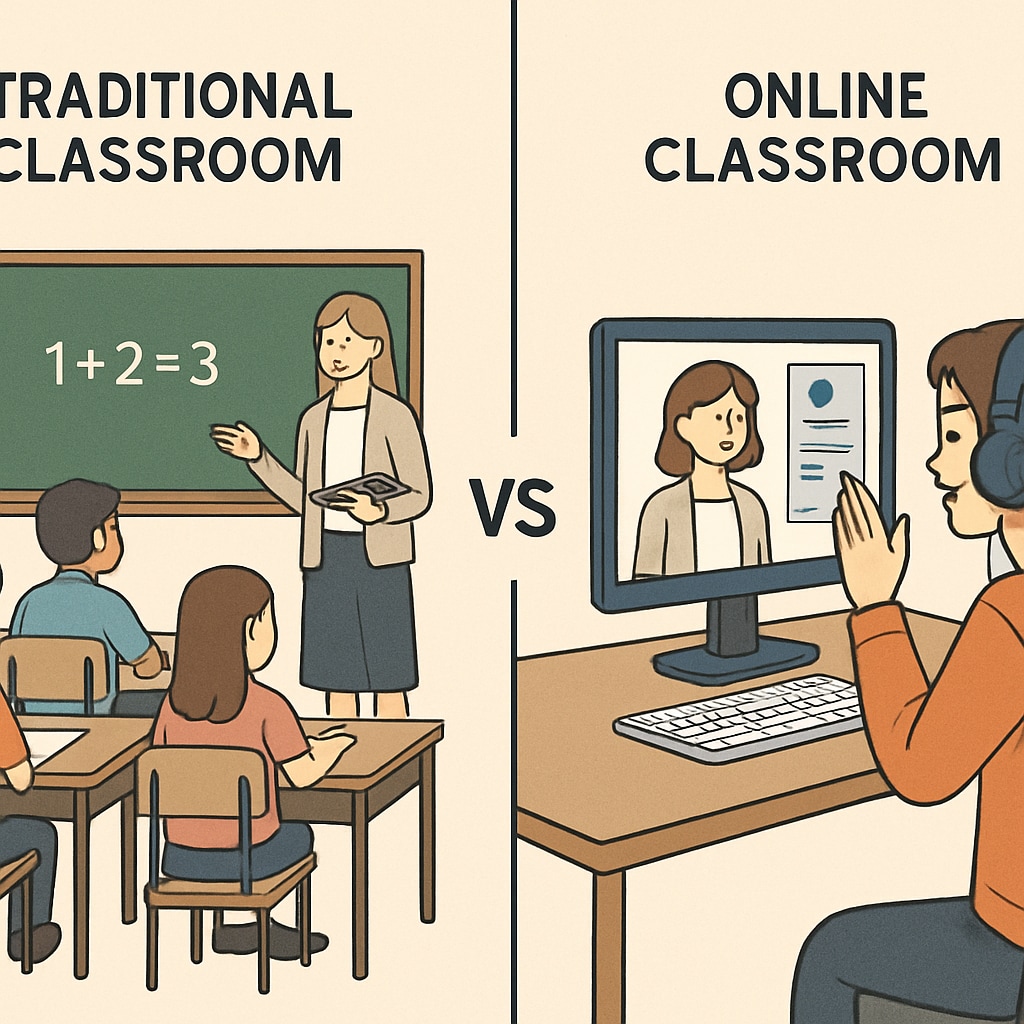 Comparison graphic showing traditional vs online classroom setups Dual enrollment program delivery methods comparison