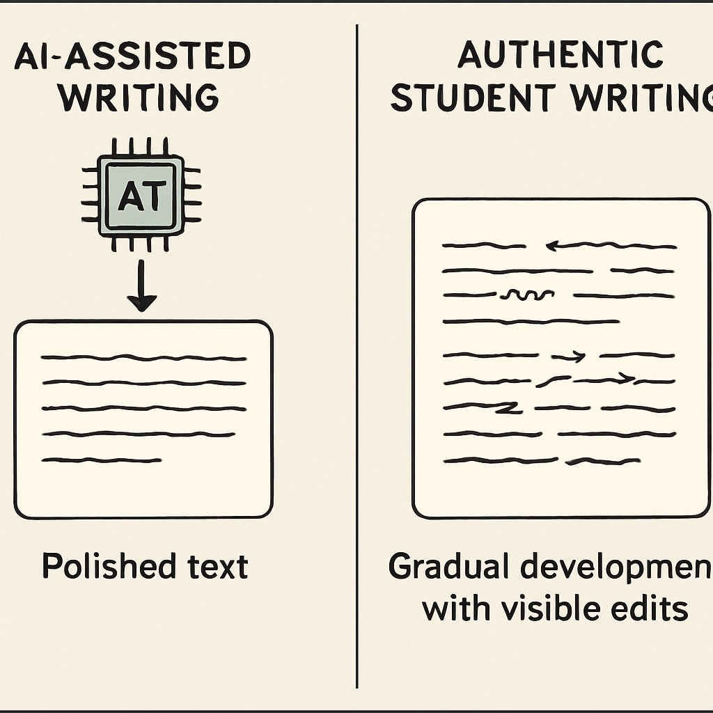 Visual comparison between AI-assisted writing (showing instant pasting of perfect text) versus authentic student writing (displaying gradual development with edits) AI vs authentic student writing process comparison