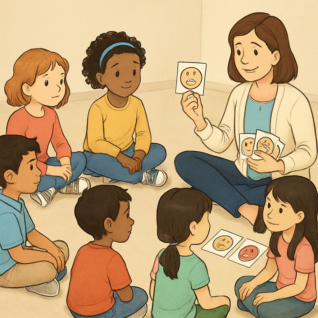 A diverse group of elementary school children sitting in a circle with their teacher, participating in an emotion recognition activity using picture cards Children learning emotional education through interactive activities