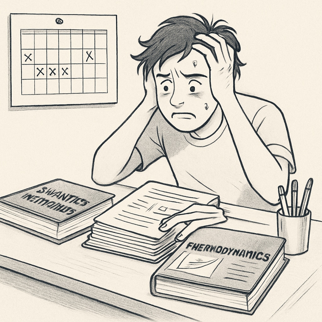 A stressed student organizing physics study materials with a visible calendar and textbooks labeled Time management for BSc Physics backlogs and exam preparation