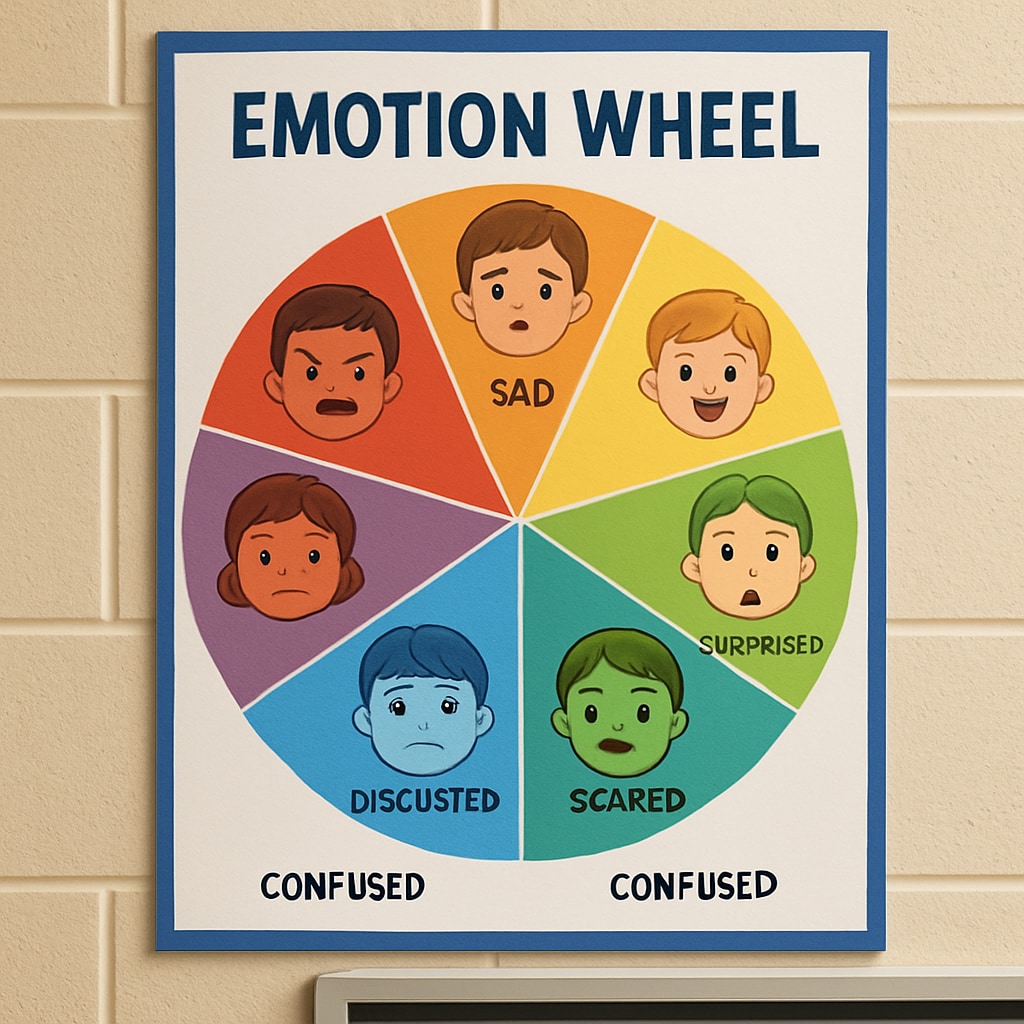 A brightly colored emotion wheel chart displayed on a classroom wall, showing different facial expressions and emotion words Emotion management tool for child development