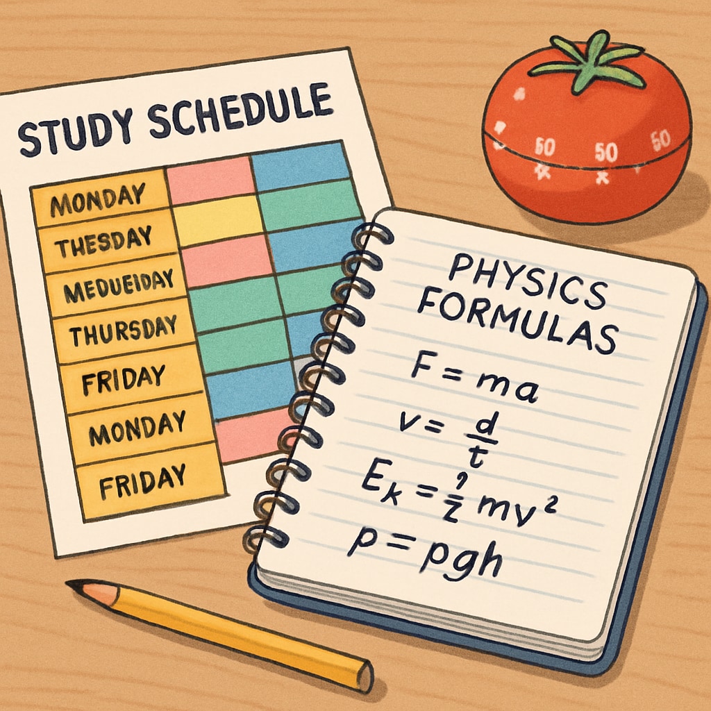 Close-up of a student's desk with color-coded study schedule, physics formulas notebook, and Pomodoro timer Effective exam preparation strategies for physics backlogs
