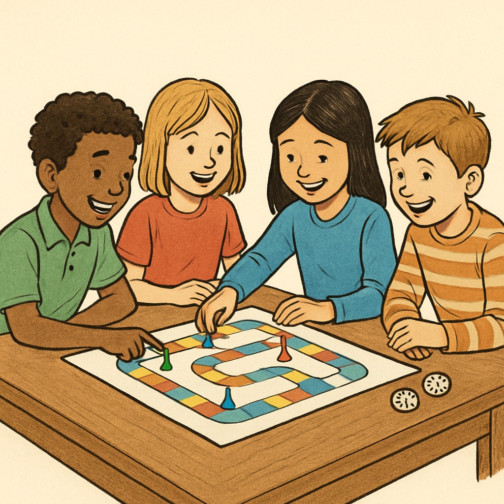 A group of children from different ethnic backgrounds playing a board game, showing cooperation and joyful expressions Emotional education through group activities for child development