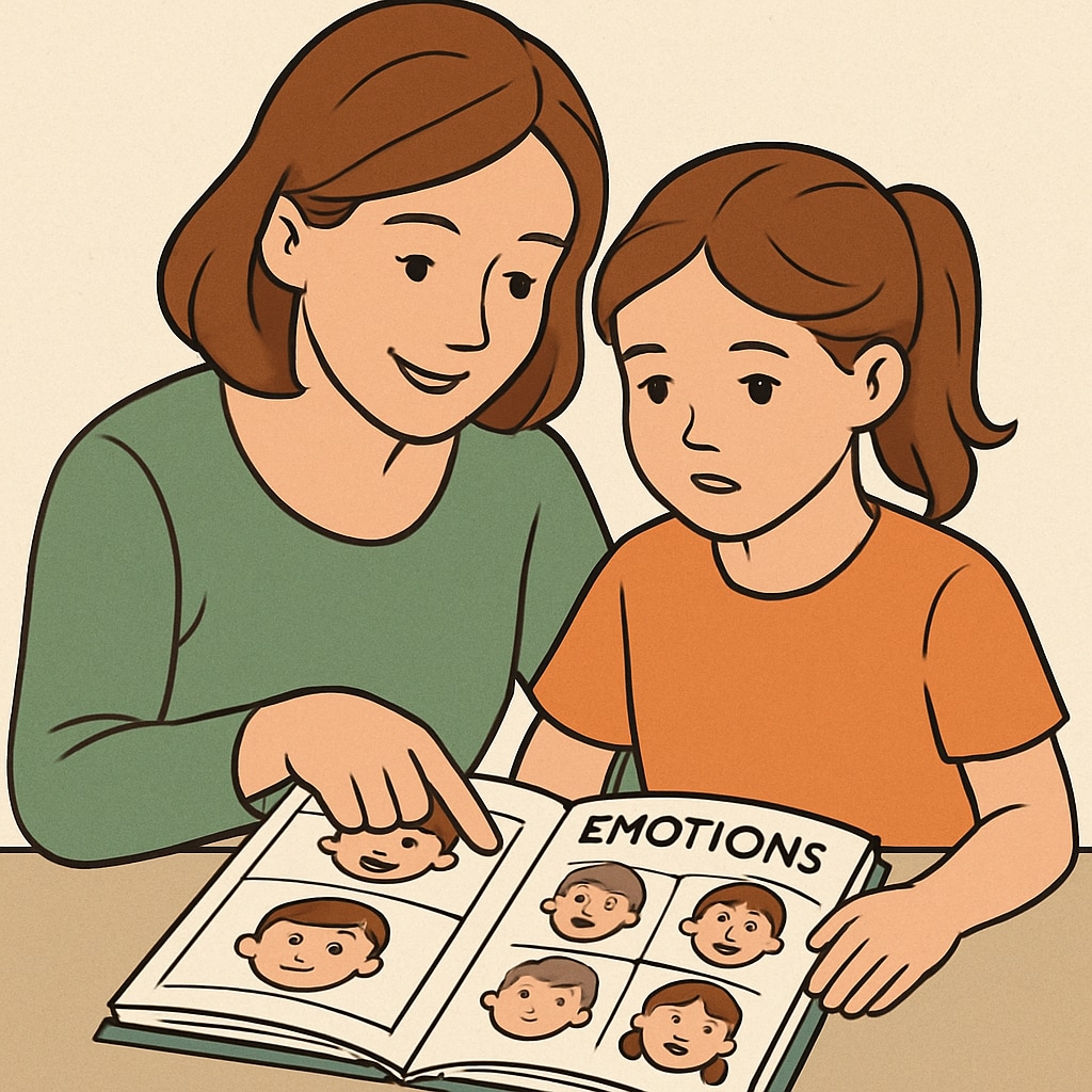 A mother and daughter analyzing facial expressions in an illustrated emotions book Teaching emotional regulation through parent-child reading