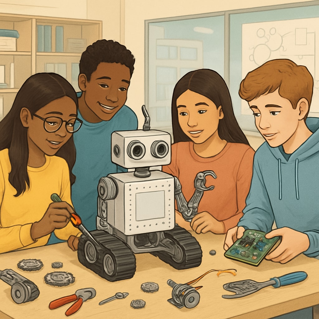 Diverse group of high school students collaborating on a robotics project in a modern STEM lab STEM education in high school curriculum reform