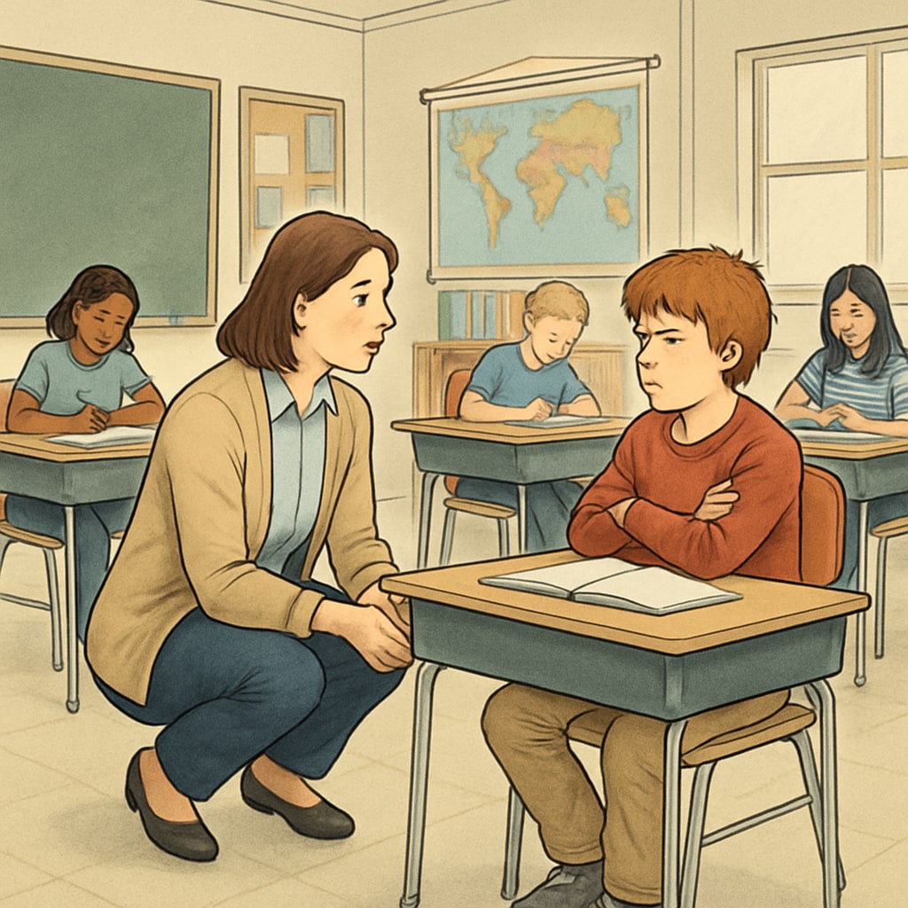 Public school teacher managing disruptive student behavior through positive intervention