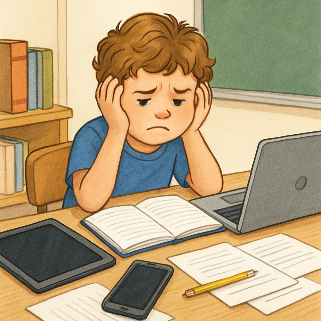 Child struggling with technology addiction during homework