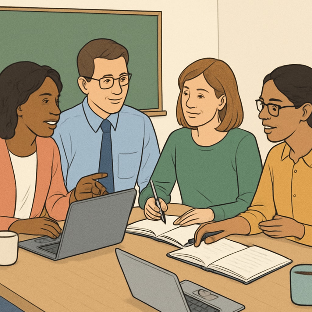 Teachers discussing lesson plans and educational resources