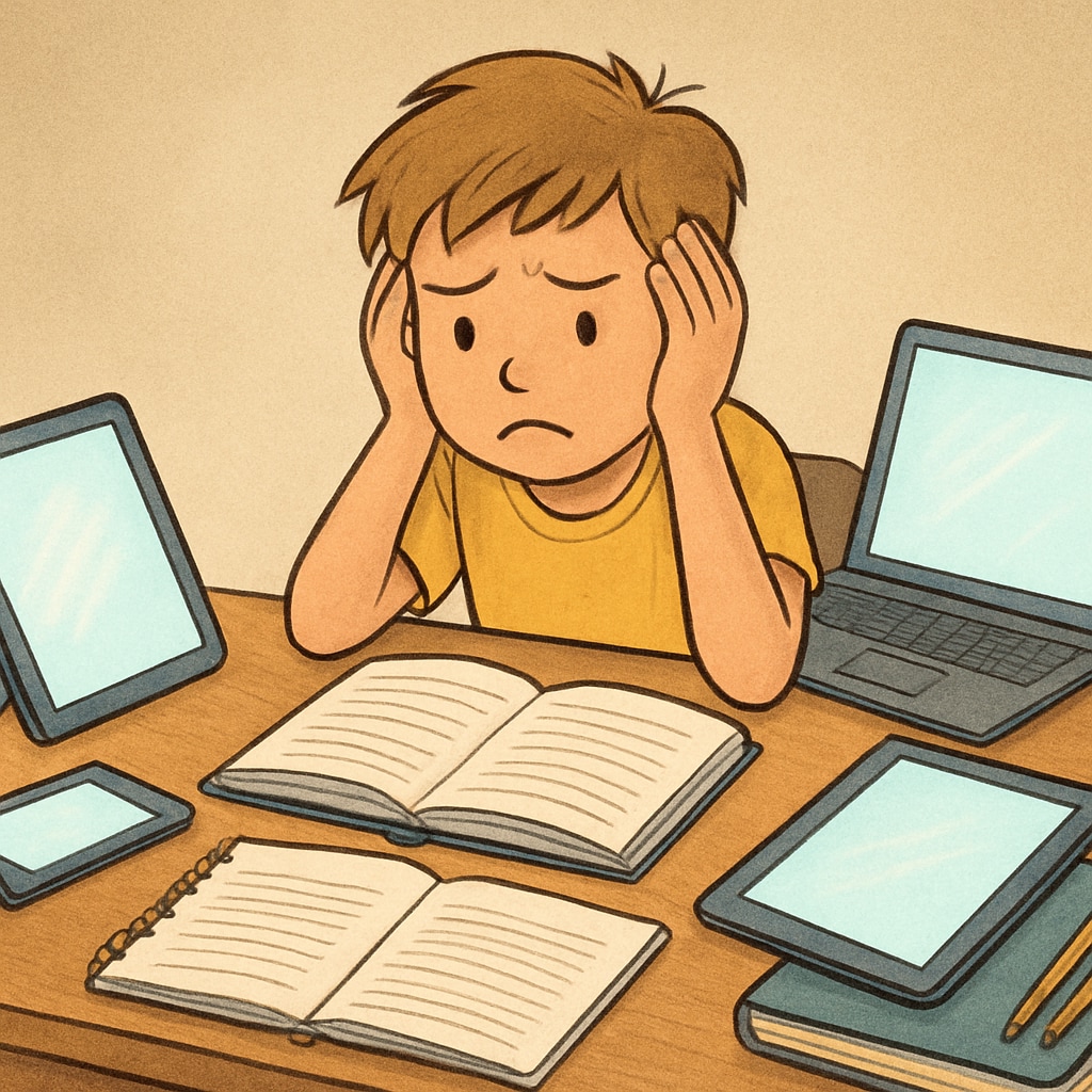 Child experiencing technology addiction with multiple digital devices
