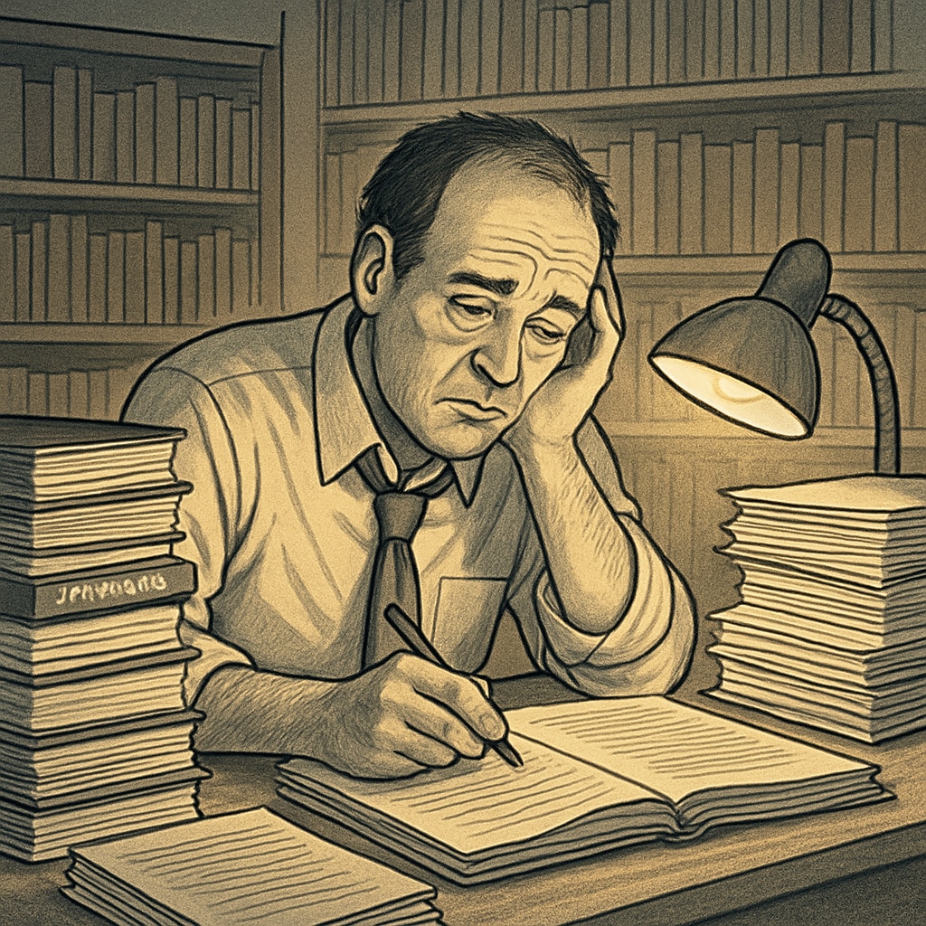 Exhausted middle-aged adjunct professor working late at night in a university library, surrounded by piles of academic journals and research papers, highlighting the unpaid labor demands. Adjunct professor facing academic publishing pressure in university library