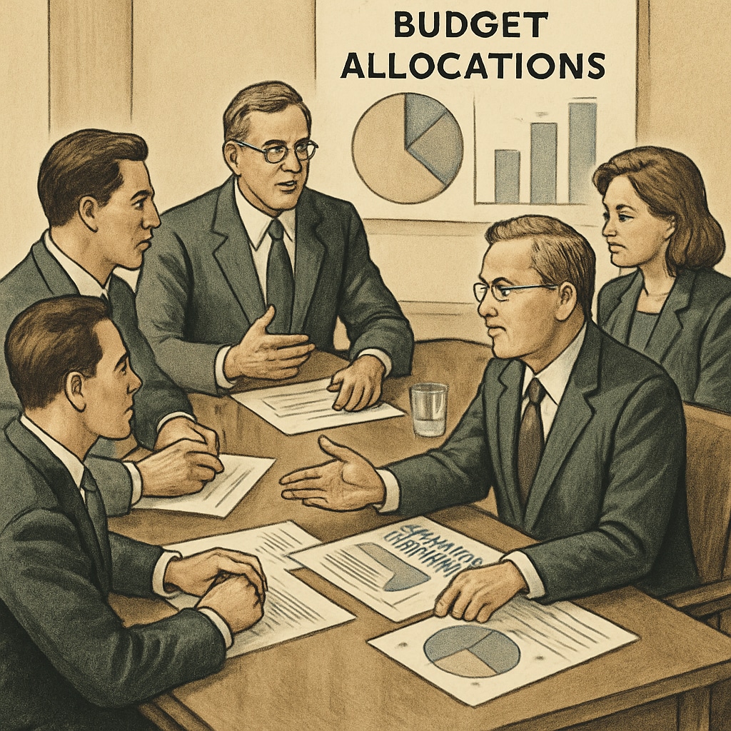 University administrators in formal suits discussing budget allocations around a boardroom table, representing institutional priorities that overlook adjunct faculty needs. University administrators ignoring contract exploitation issues