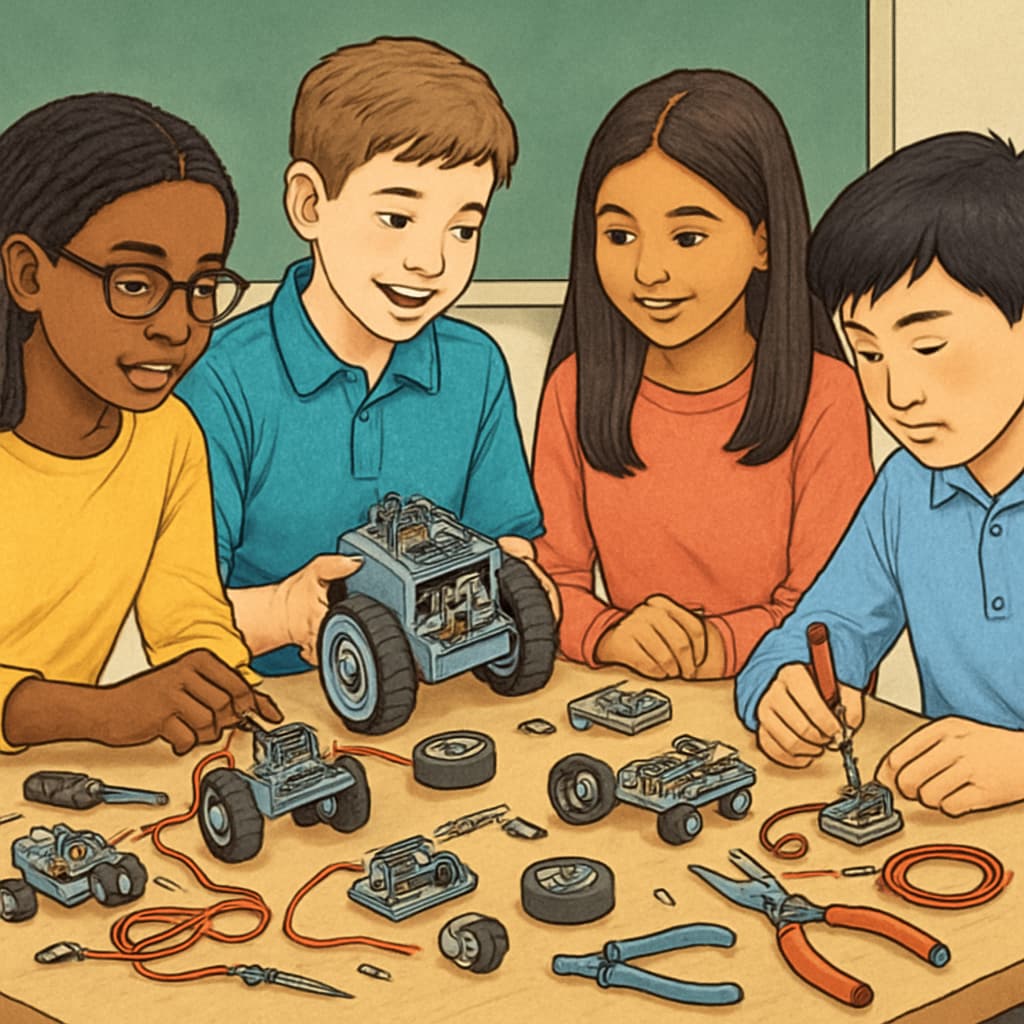 Students collaborating on robotics project in beginner education course