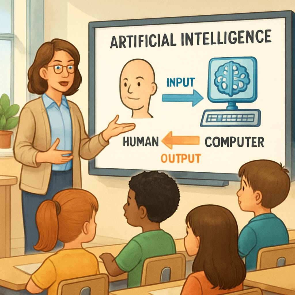 Educator demonstrating AI applications while teaching critical thinking skills