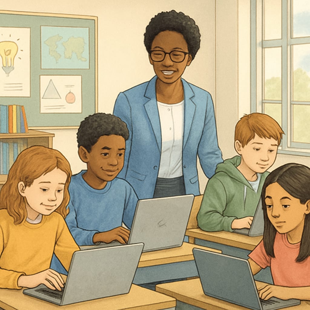 Educational technology in action with teacher and students using AI learning tools