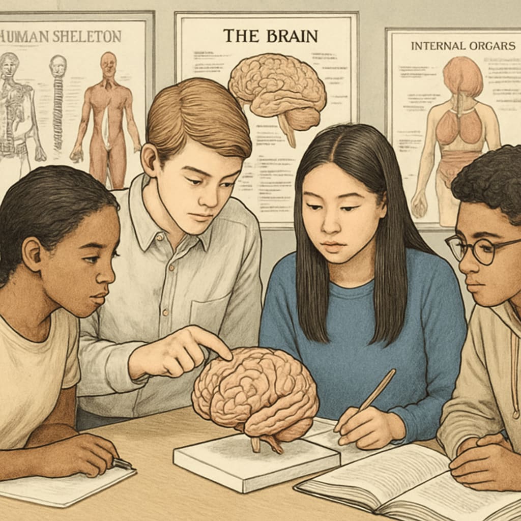 Students using learning supplements for neurosurgery preparation with 3D brain model