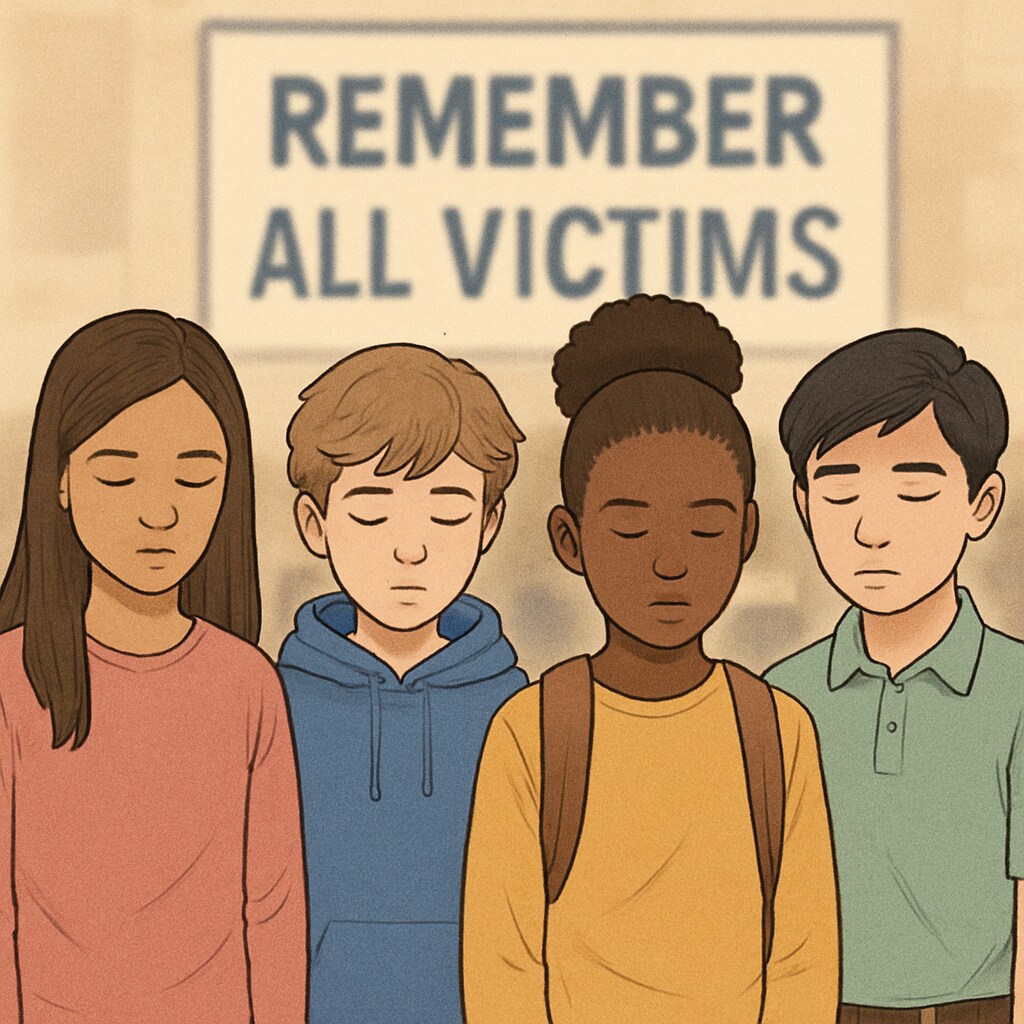 Diverse group of middle school students standing silently during a memorial assembly, with a blurred background showing a generic  School universal mourning assembly avoiding specific Gaza references