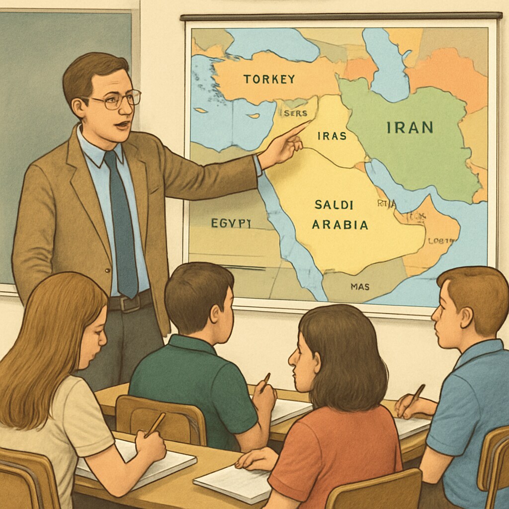 High school teacher pointing to a Middle East map during classroom discussion, with students taking notes Geography lesson addressing global conflicts