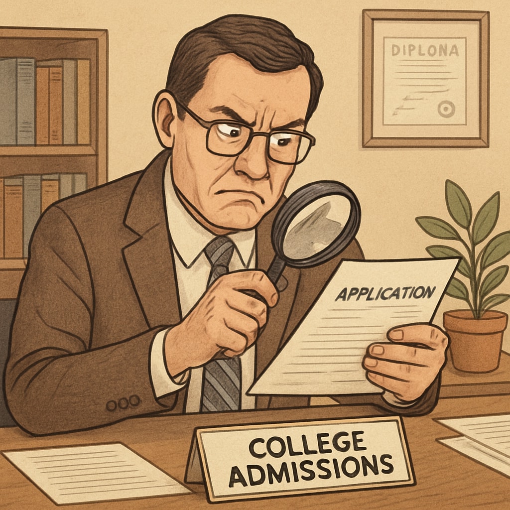 College admissions officer reviewing application documents with a magnifying glass and skeptical expression Detecting fraud in college applications