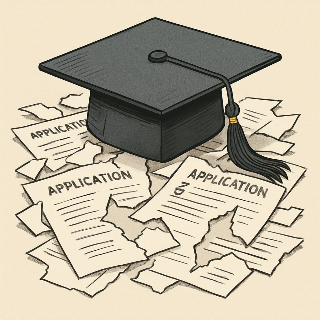 Abandoned graduation cap atop scattered, torn application papers Consequences of fraudulent college applications