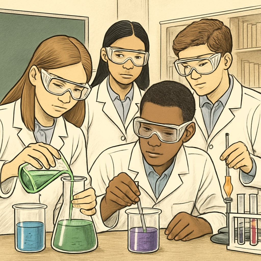 Students working on chemistry research projects in school laboratory