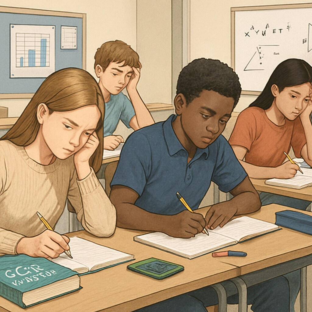 An authentic classroom scene showing diverse 16-year-old students working on GCSE Maths problems with visible stress and concentration Stressed GCSE Maths students during retake preparation