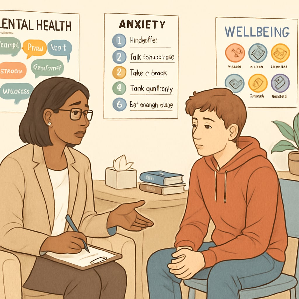 A professional school counselor speaking with a teenage student in a wellbeing office setting Mental health support for GCSE retake students