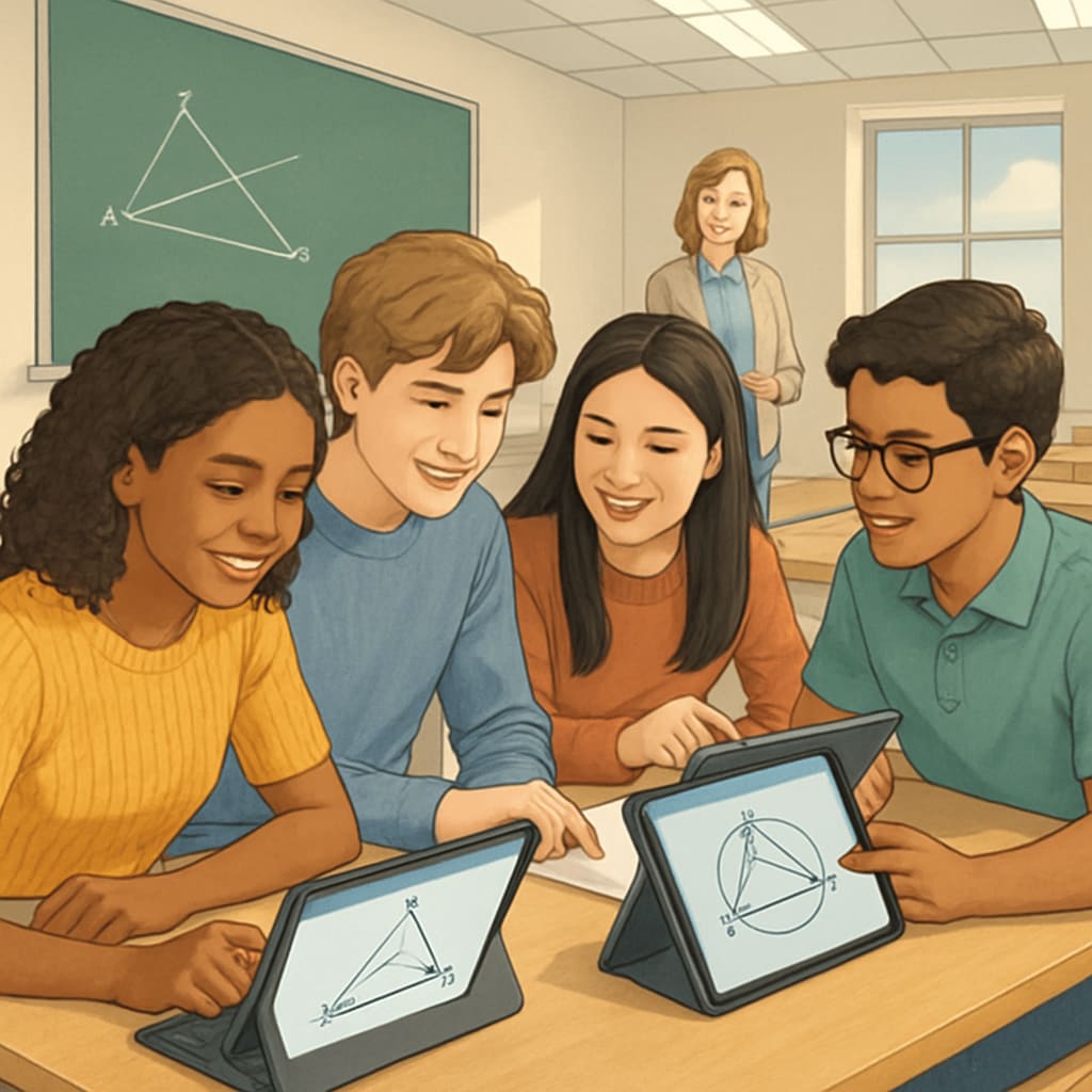 American high school geometry classroom with digital learning tools