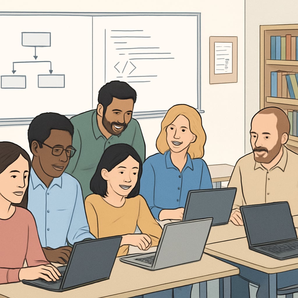 Diverse group of adult students aged 30-50 working together in a modern classroom setting with laptops open to coding exercises Adult education programming class with students of different ages